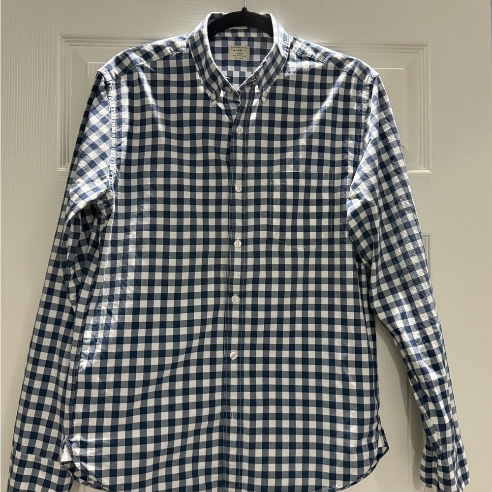 J. Crew Men's Blue and White Gingham Shirt